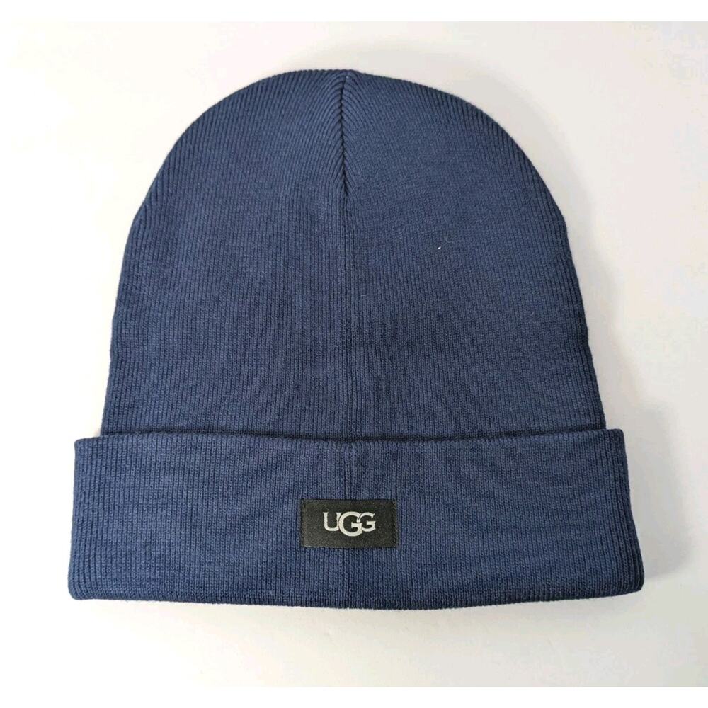 UGGโ Australia Logo Knit Beanie Hat Winter Folded Cuff Navy One Size New w Tags
